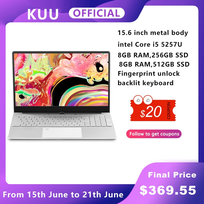 15.6 inch Metal Body Laptop intel i5 5257U 8GB 256 GB 512 GB SSD With Full Layout Keyboard Backlight Fingerprint Unlock Game