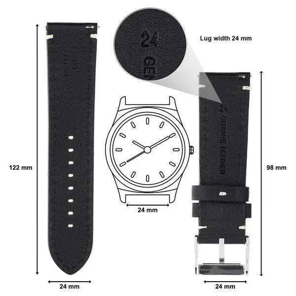 24 mm Black Genuine Leather Straps for Men