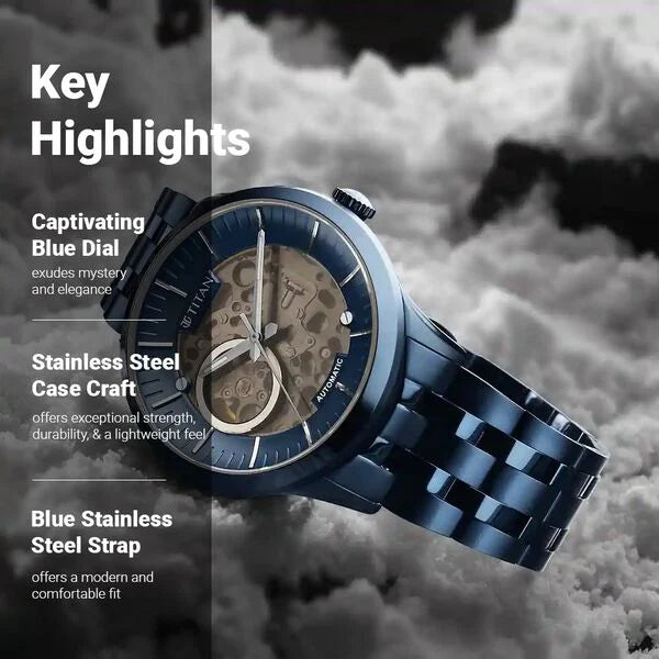Metal Mechanicals Blue Dial Analog Stainless Steel Strap Watch for Men